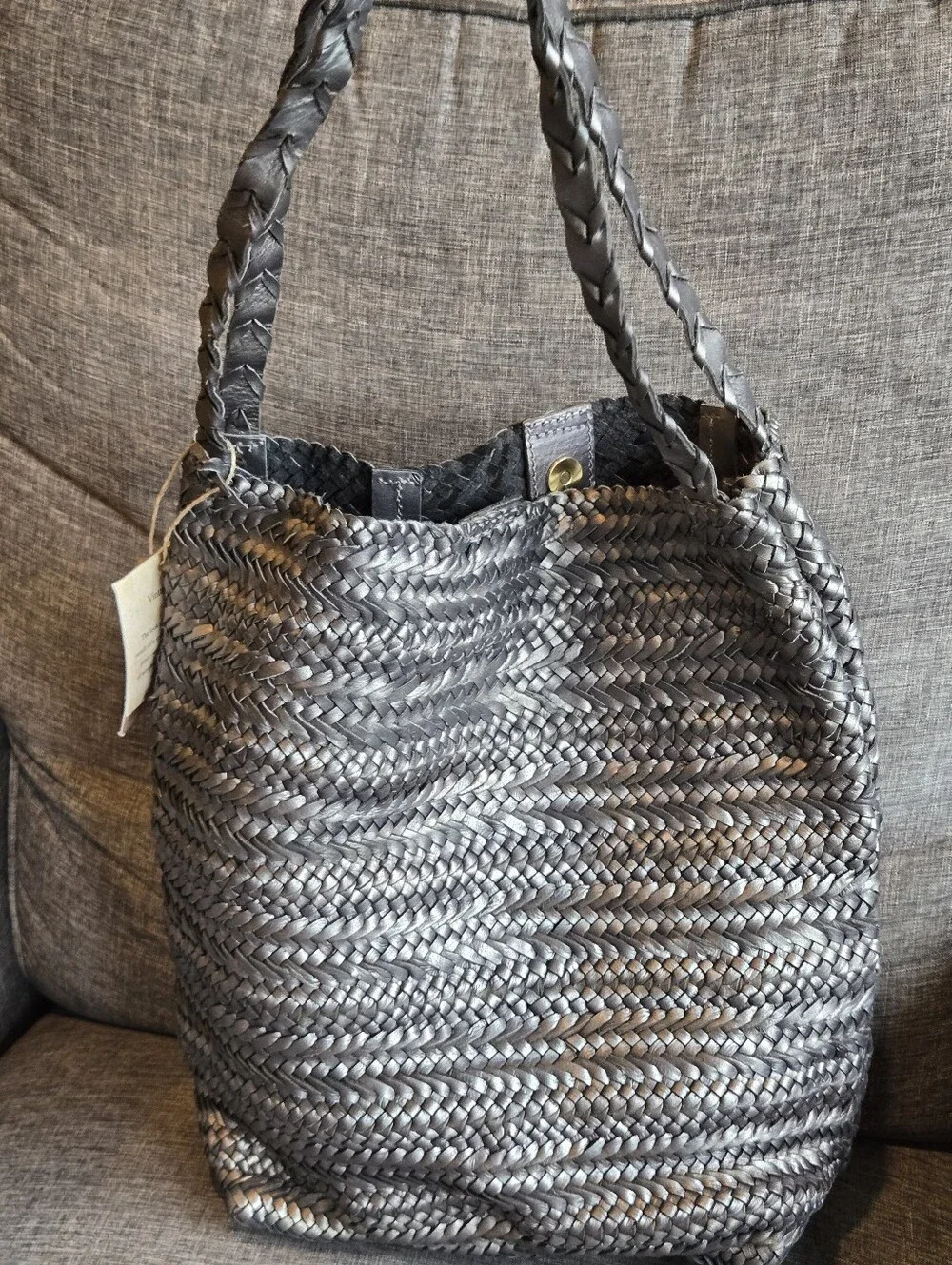 Gray tote bag woven leather soft basket hobo hippie boho made India $210